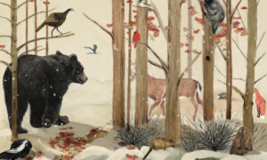 Book art: Bear, Deer, Fox, Birds, Cat in a snowy wintery scene.