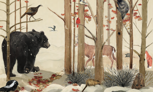 Book art: Bear, Deer, Fox, Birds, Cat in a snowy wintery scene.