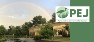 Walnut Creek Wetlands Park, Raleigh NC. Visitor building, parking lot, rainbow. Overlaid with logo for Partners for Environmental Justice.
