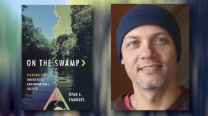 Closeup headshot of Ryan Emmanuel, with cover of his book “On the Swamp”