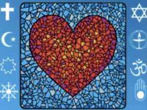 Mosaic of heart, with symbols of major faiths in left and right margins