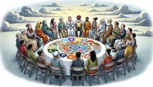 Illustration of many people sitting around a table with different religous symbols.