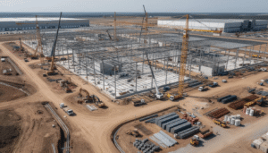 Datacenter construction site with framing and lots of materials