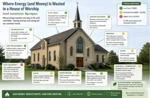 Photo of a house of worship with various text boxes illustrating ways to save energy.