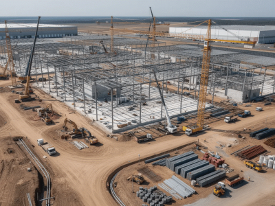 Datacenter construction site with framing and lots of materials