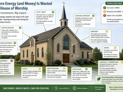 Photo of a house of worship with various text boxes illustrating ways to save energy.